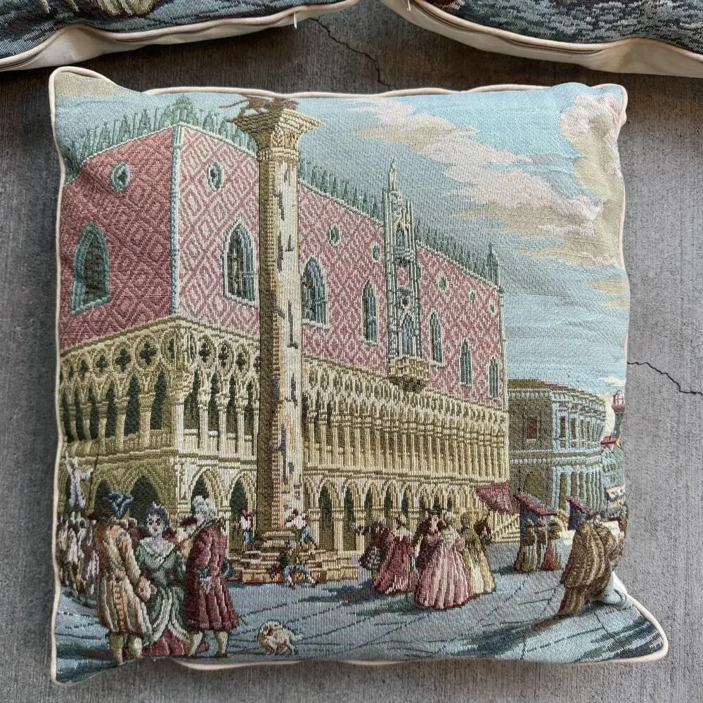 Set 3 Vintage Venice Tapestry Throw Pillows 16x16 Gondola Scenic Decor